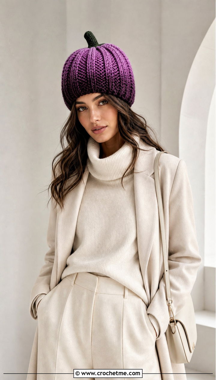 Ombre Crochet Pumpkin Beanie With Monochrome Outfit - 30 crochet pumpkin beanie outfit ideas