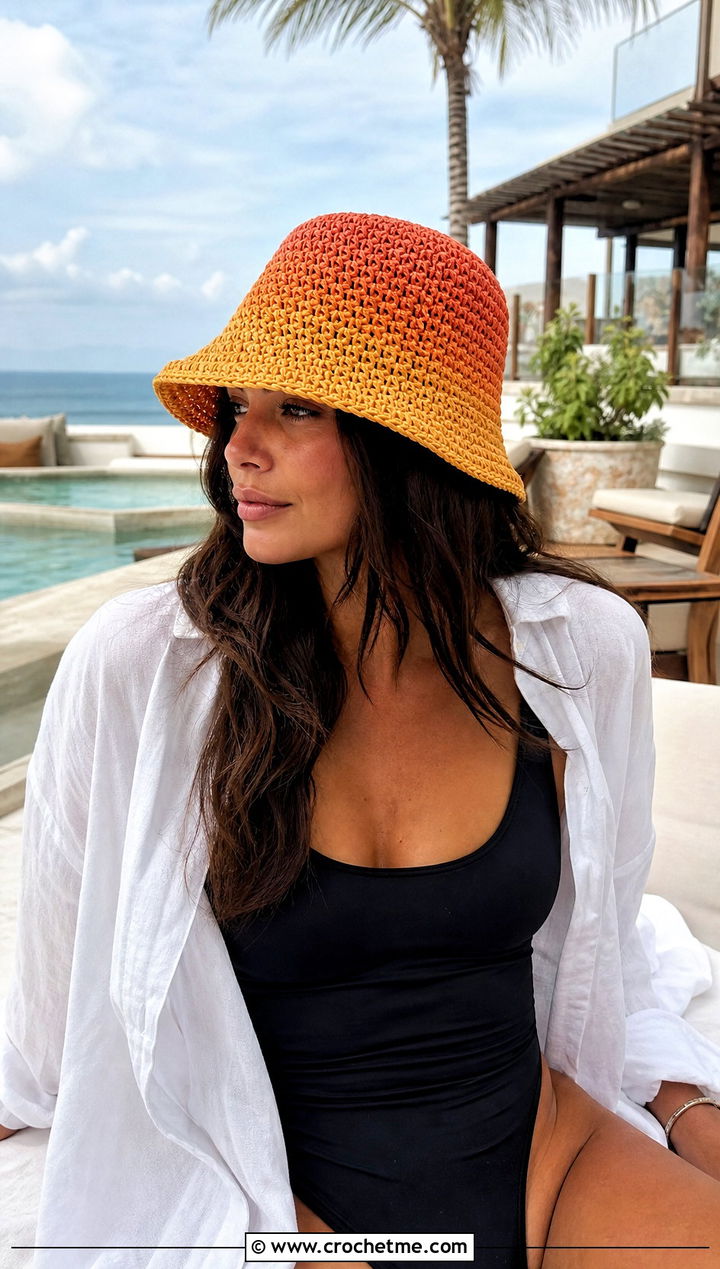 Ombre Crochet Raffia Bucket Hat With Swimsuit And Shirt - 25 crochet raffia bucket hat outfit ideas