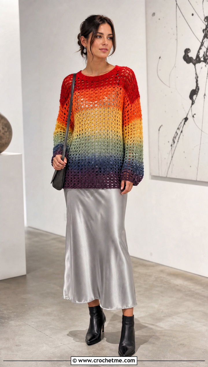 Ombre Crochet Rainbow Sweater Over A Slip Dress - 20 Crochet Rainbow Sweater outfit ideas