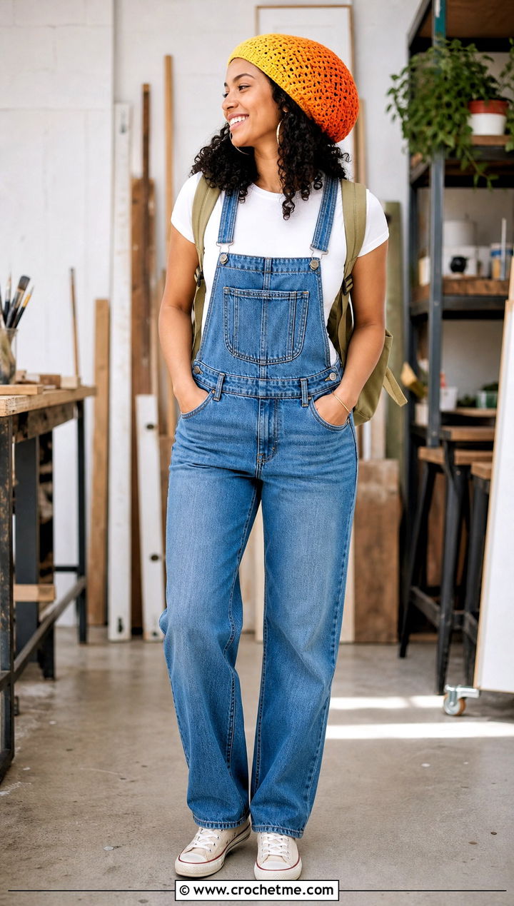 Ombre Crochet Rasta Tam With Denim Overalls - 35 crochet rasta hats outfit ideas