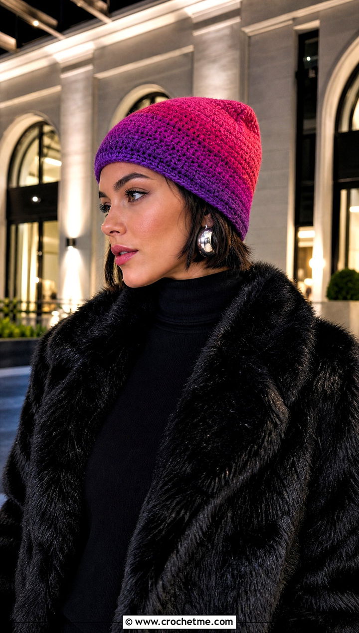 Ombre Crochet Rectangle Beanie With Faux Fur Coat And Evening Separates - 25 Crochet Rectangle Beanie outfit ideas
