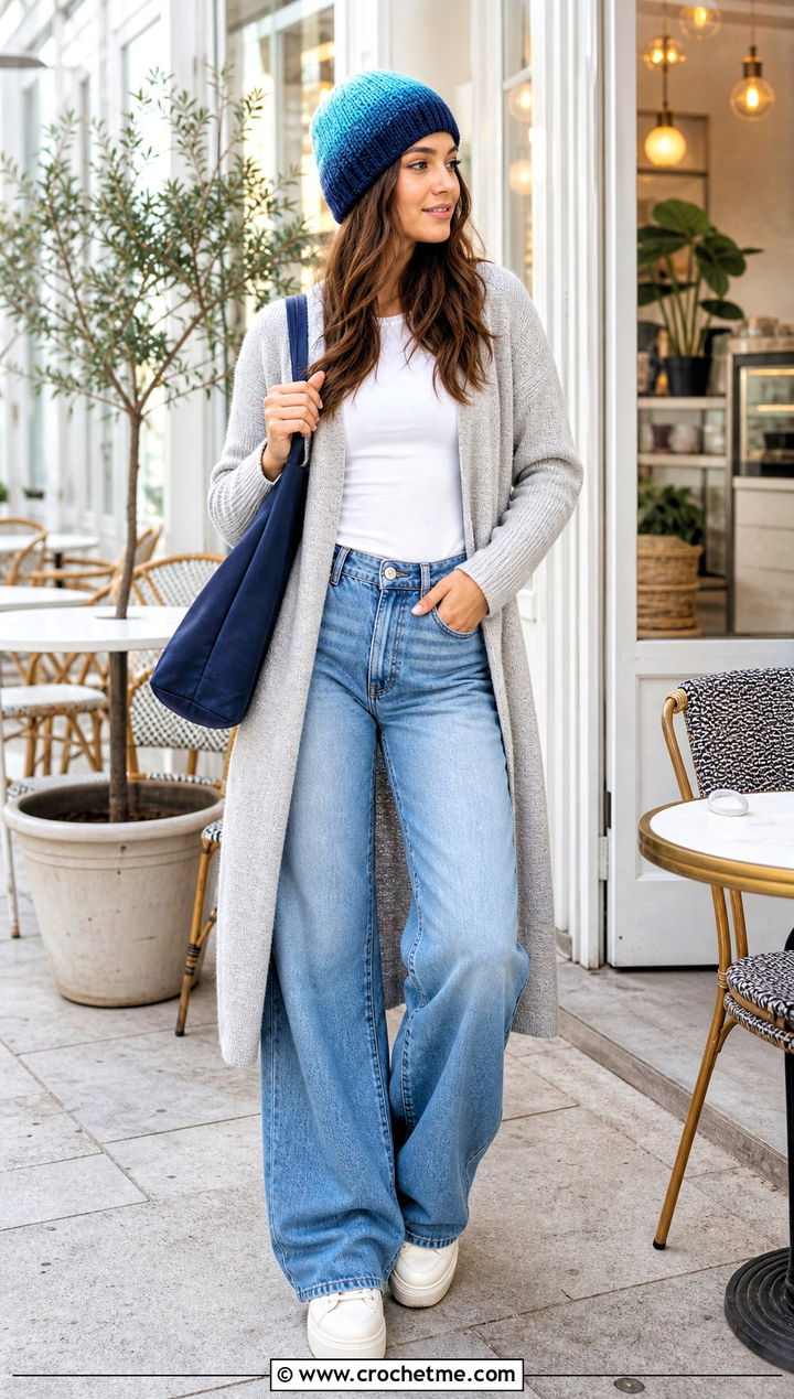 Ombre Crochet Ribbed Beanie With Long Cardigan And Wide Leg Jeans - 35 crochet ribbed beanie outfit ideas