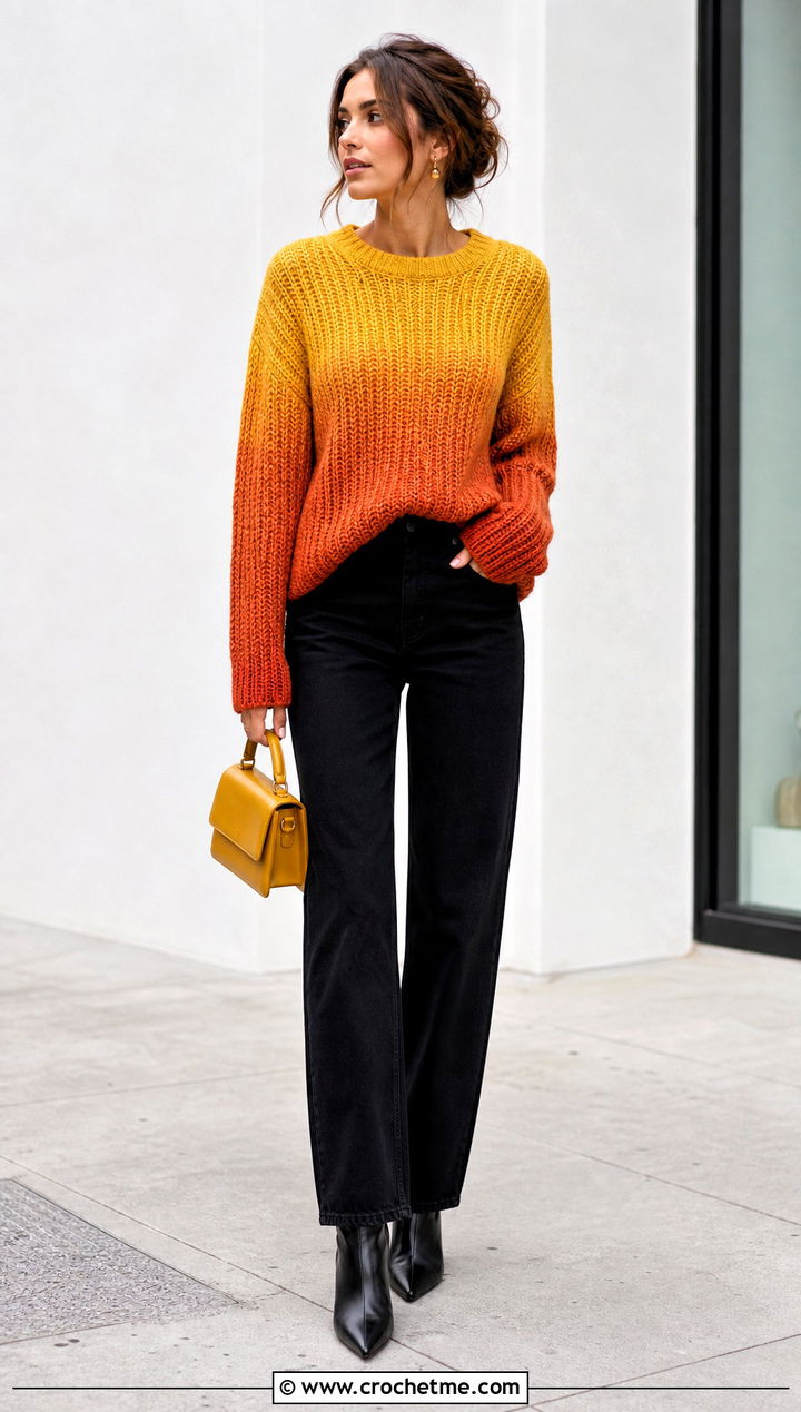 Ombre Crochet Ribbed Sweater With Black Jeans - 35 crochet ribbed sweater outfit ideas
