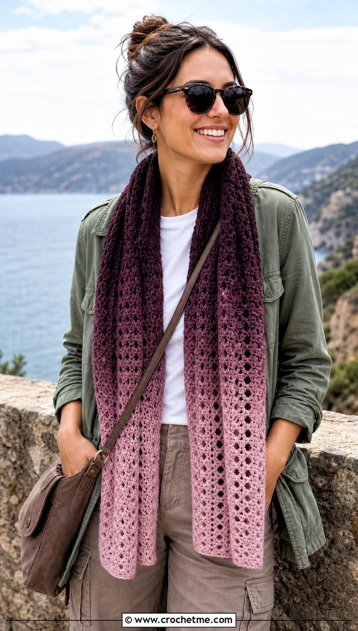 Ombre Crochet Road Trip Scarf With Utility Jacket - 15 Crochet Road Trip Scarf outfit ideas