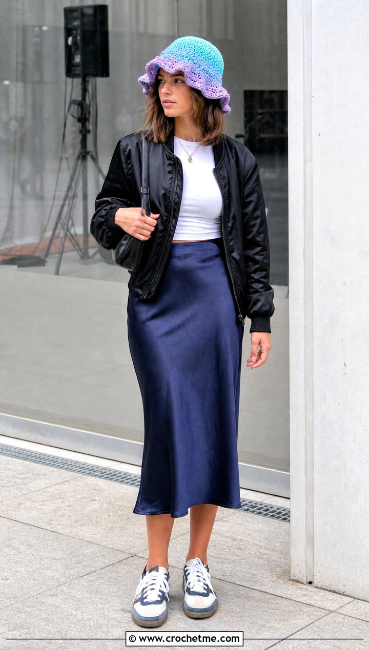 Ombre Crochet Ruffle Bucket Hat With Bomber Jacket And Satin Midi Skirt - 35 crochet ruffle bucket hat outfit ideas