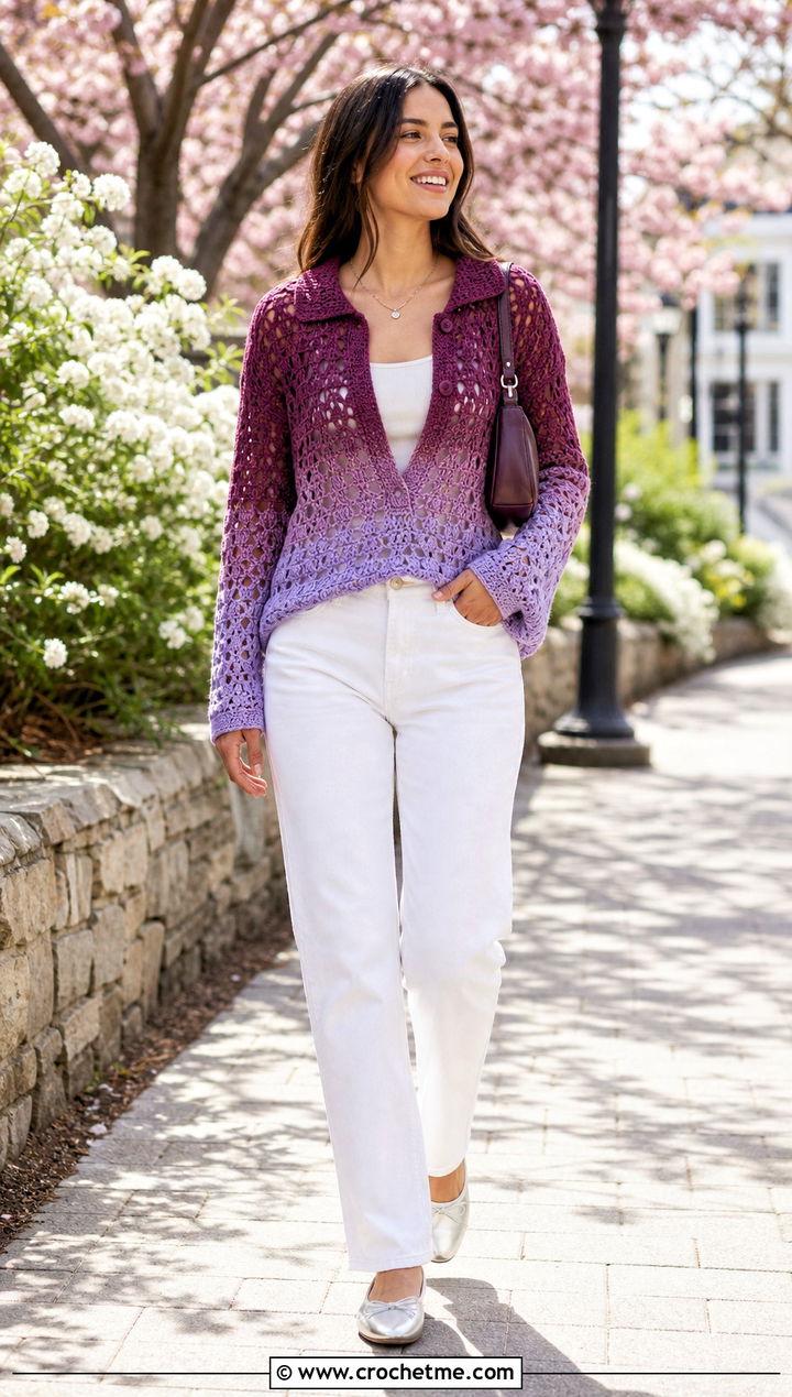 Ombre Crochet Rugby Shirt With White Jeans - 25 Crochet Rugby Shirt outfit ideas