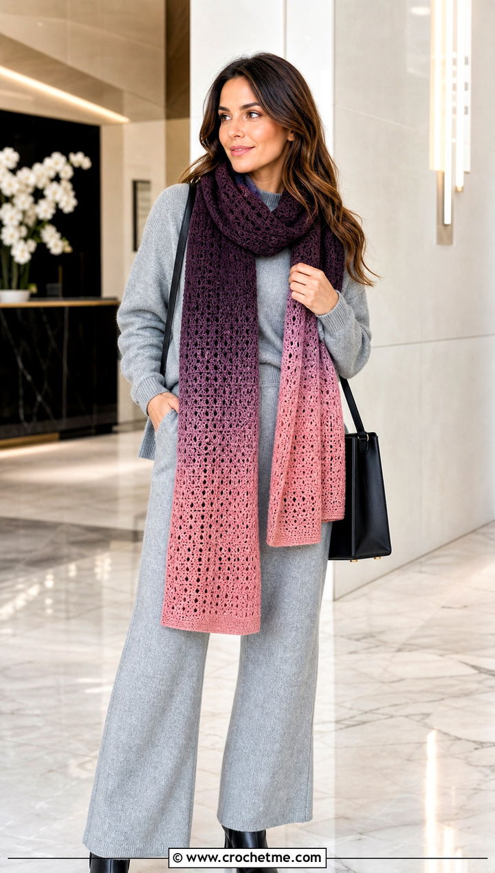Ombre Crochet Sally Scarf With Monochrome Knit Outfit - 20 Crochet Sally Scarf outfit ideas