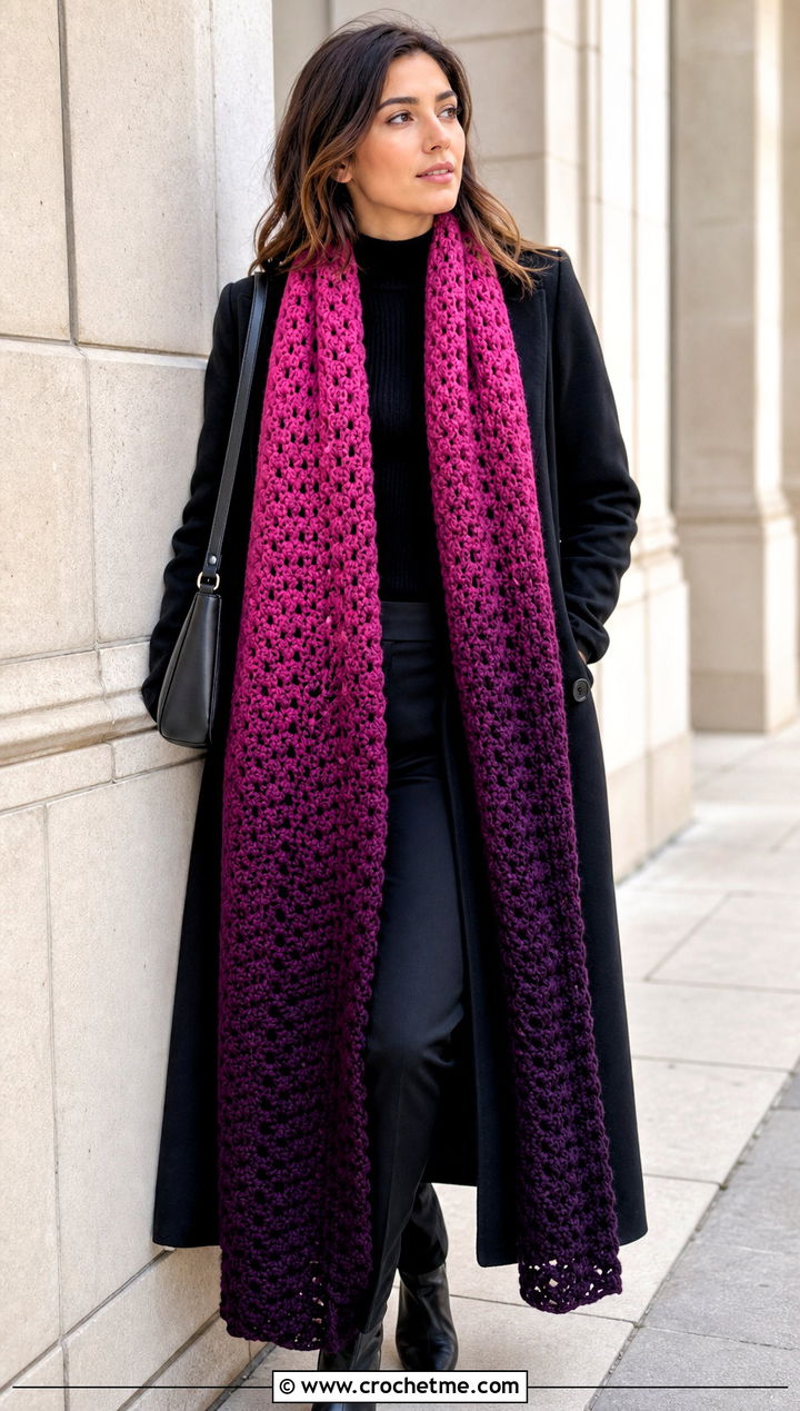 Ombre Crochet Scarf With All Black Outfit - 30 unique crochet scarf outfit ideas