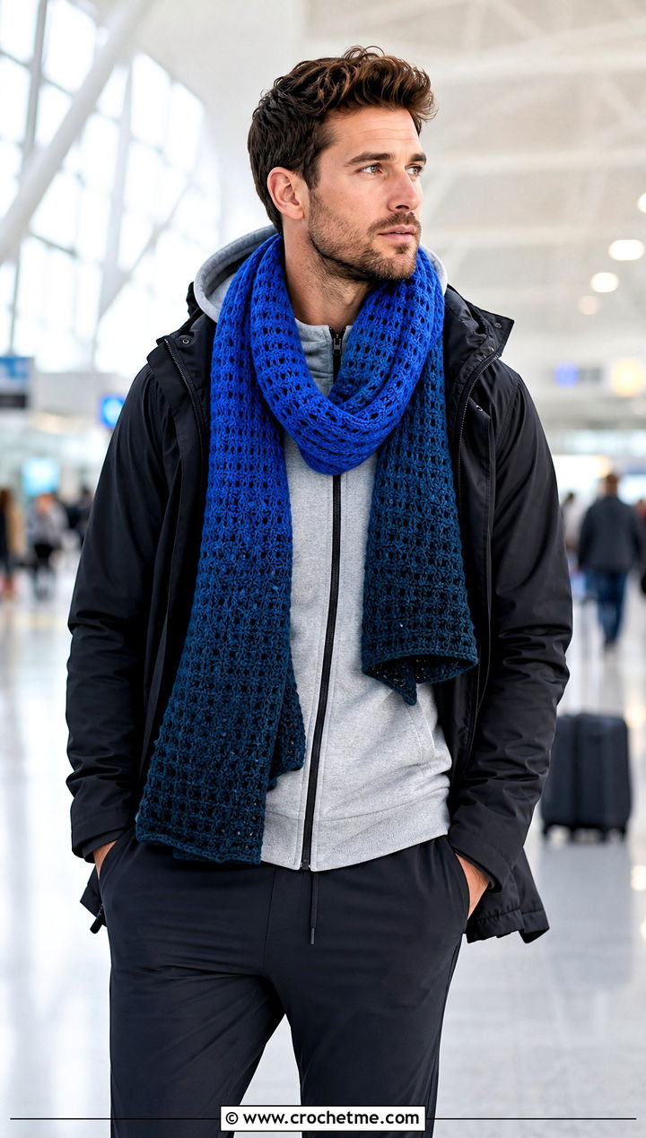 Ombre Crochet Scarf With Athleisure Outfit - 30 easy crochet scarf men outfit ideas