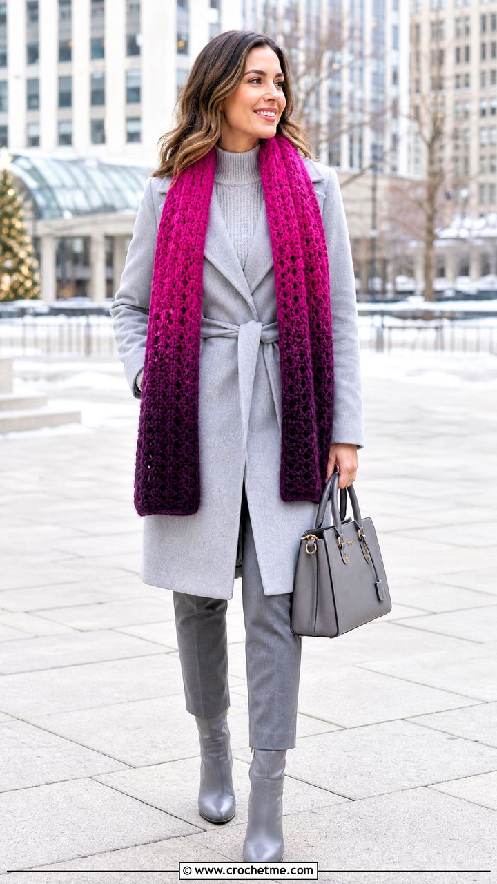Ombre Crochet Scarf With Belted Coat - 35 easy crochet scarf outfit ideas