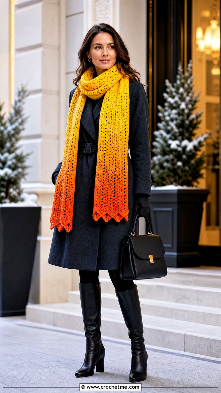 Ombre Crochet Scarf With Coat Dress And Tall Boots - 35 simple crochet scarf outfit ideas