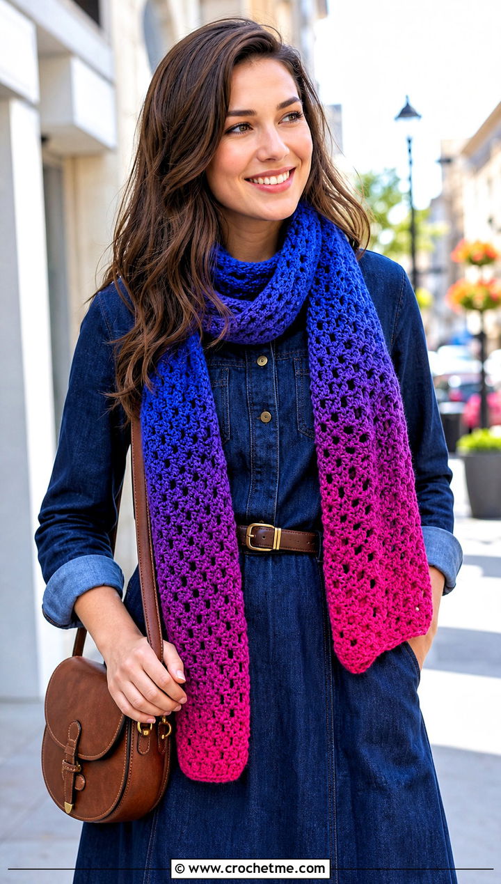 Ombre Crochet Scarf With Denim Dress And Ankle Boots - 25 Quick And Easy Crochet Scarf outfit ideas