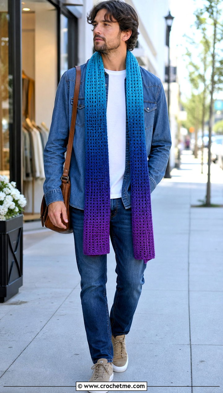 Ombre Crochet Scarf With Denim On Denim - 35 men crochet scarf outfit ideas