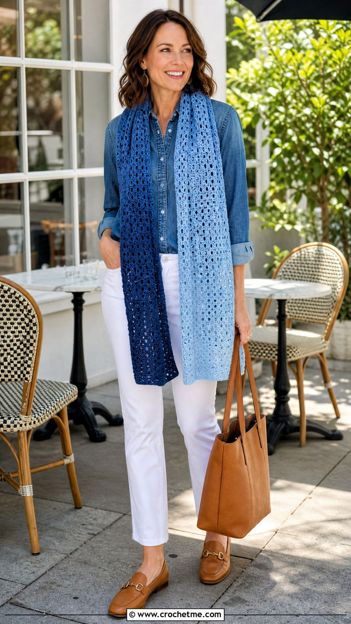 Ombre Crochet Scarf With Denim Shirt And White Pants - 35 quick crochet scarf outfit ideas