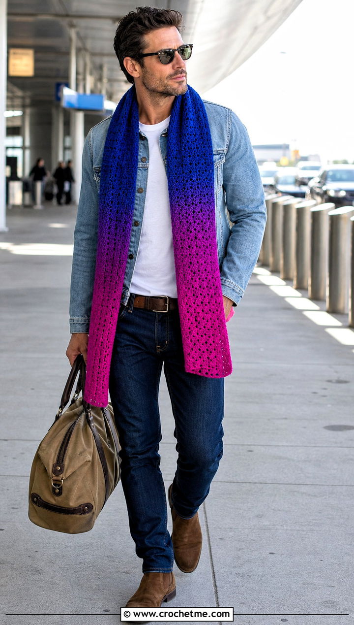 Ombre Crochet Scarf With Double Denim - 30 male crochet scarf outfit ideas
