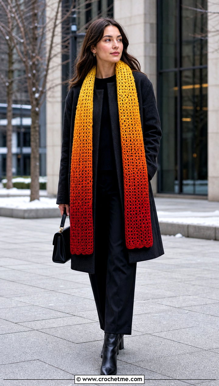 Ombre Crochet Scarf With Minimalist Coat - 35 crocheted scarf outfit ideas