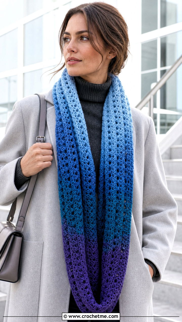 Ombre Crochet Scarf With Minimalist Coat - 25 multi colored crochet scarf outfit ideas