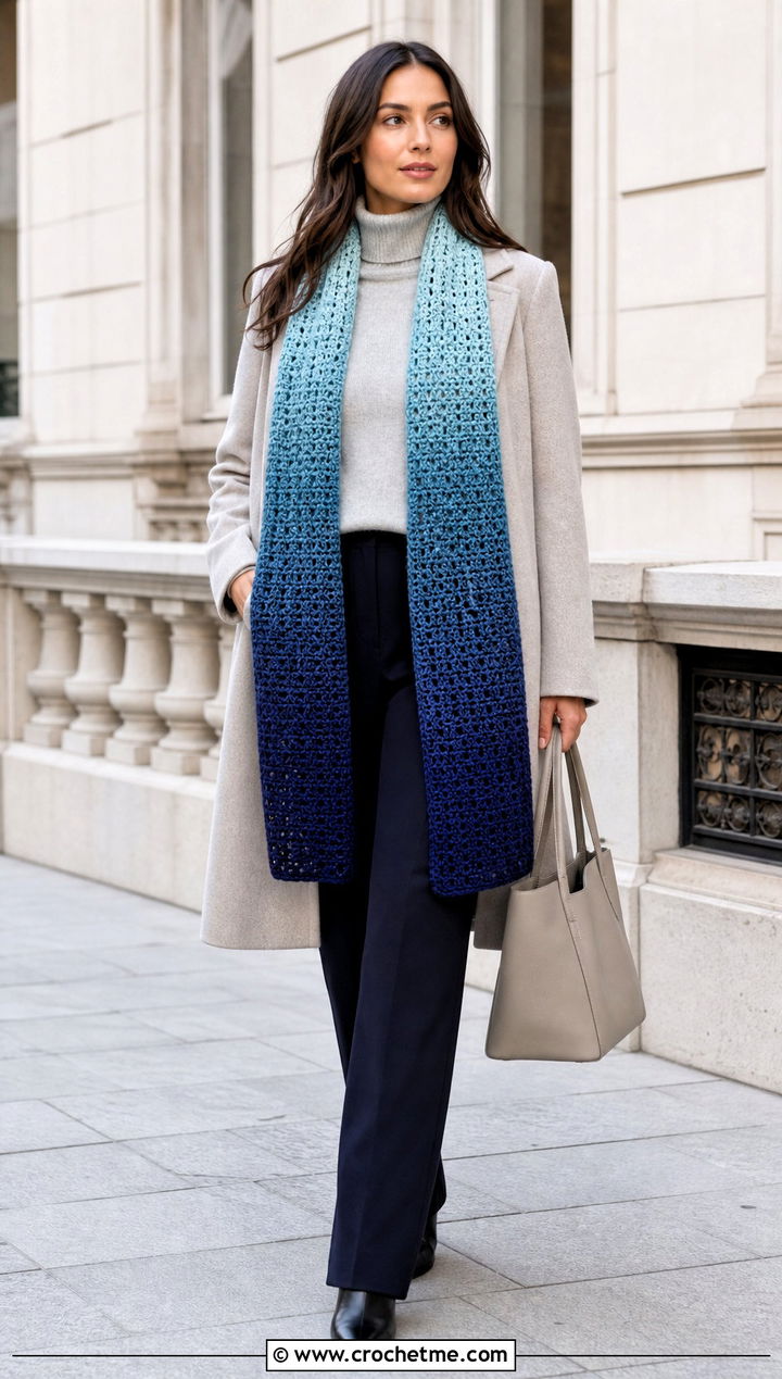 Ombre Crochet Scarf With Minimalist Coat - 35 crochet scarves outfit ideas