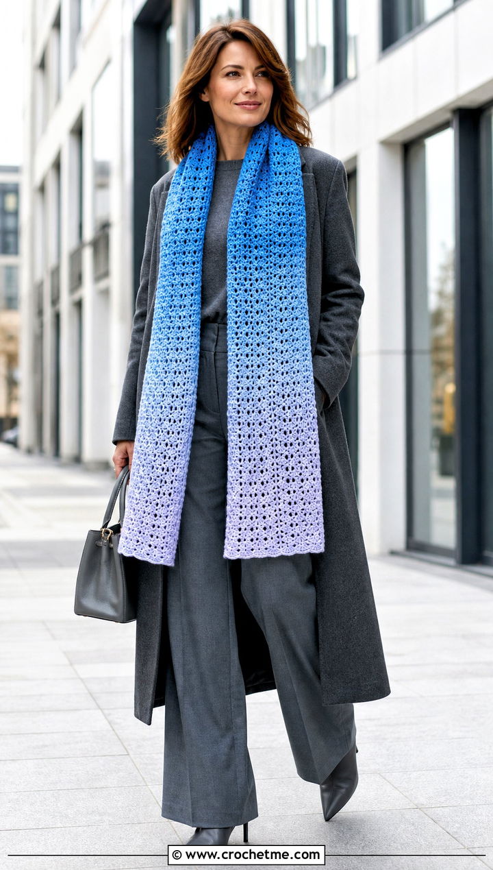Ombre Crochet Scarf With Monochrome Coat and Trousers - 35 Winter Crochet Scarf outfit ideas