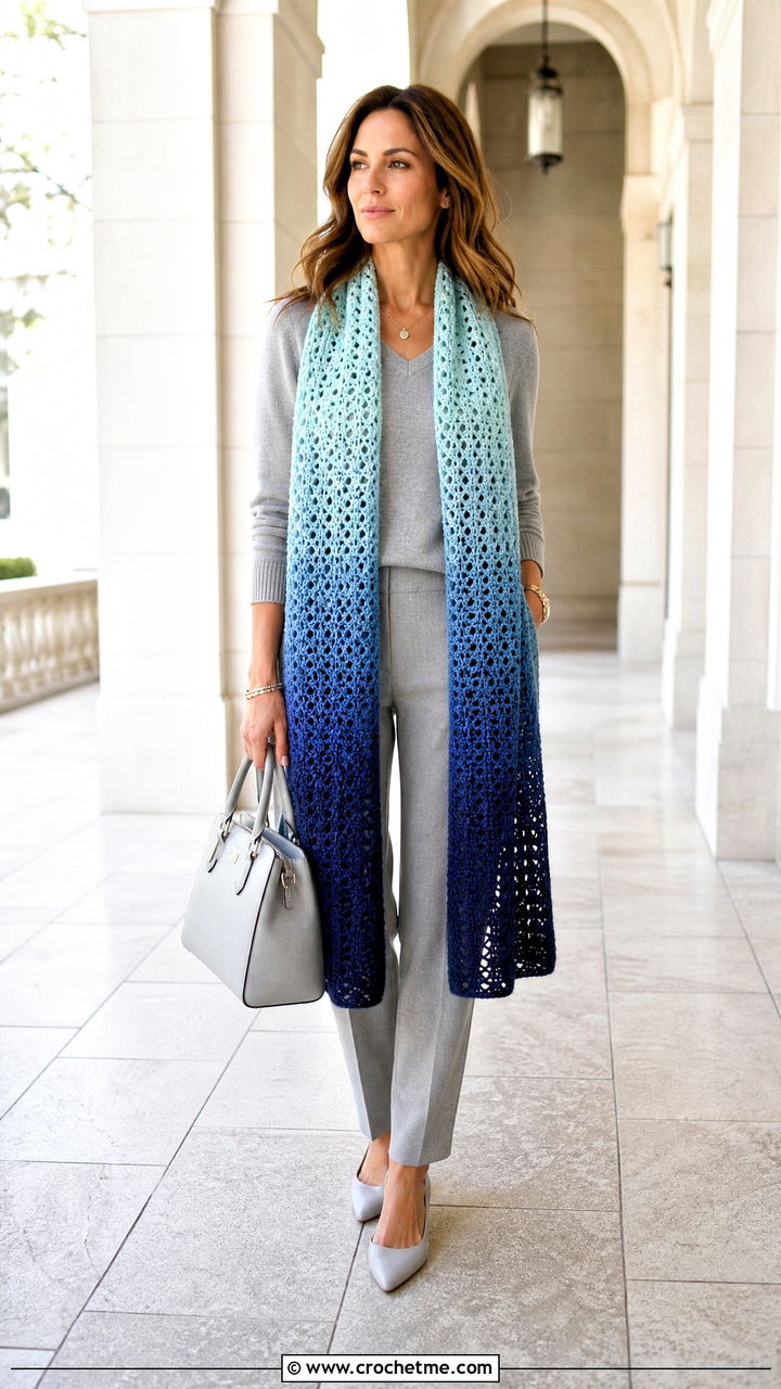 Ombre Crochet Scarf With Monochrome Outfit - 35 crochet scarf ideas