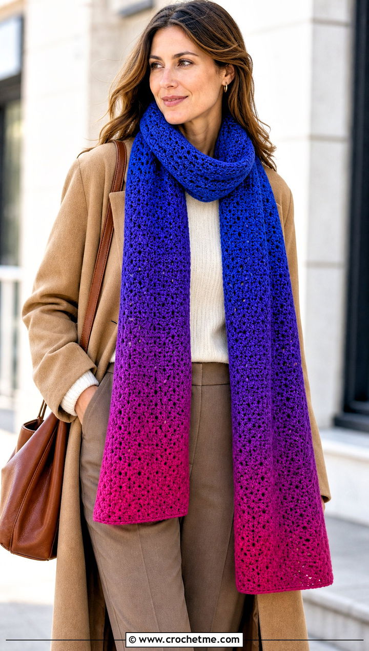 Ombre Crochet Scarf With Neutral Capsule Outfit - 30 autumn crochet scarf outfit ideas