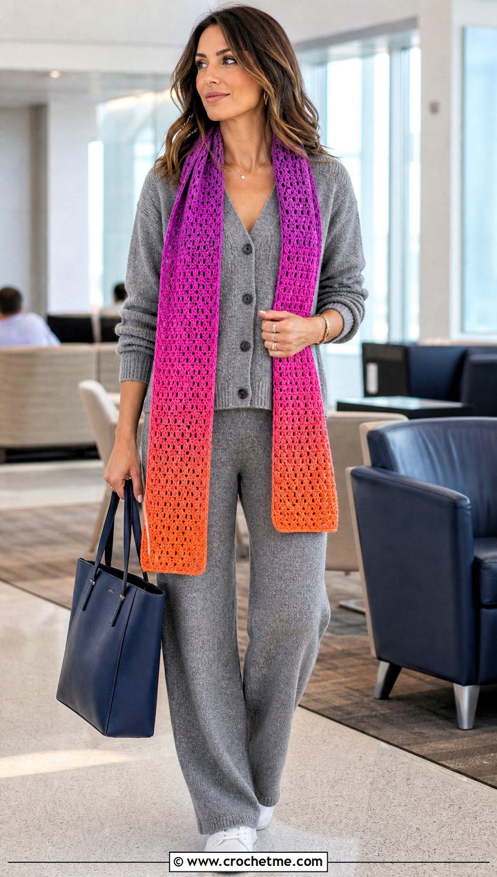 Ombre Crochet Scarf With Neutral Knit Set - 35 fall crochet scarf outfit ideas