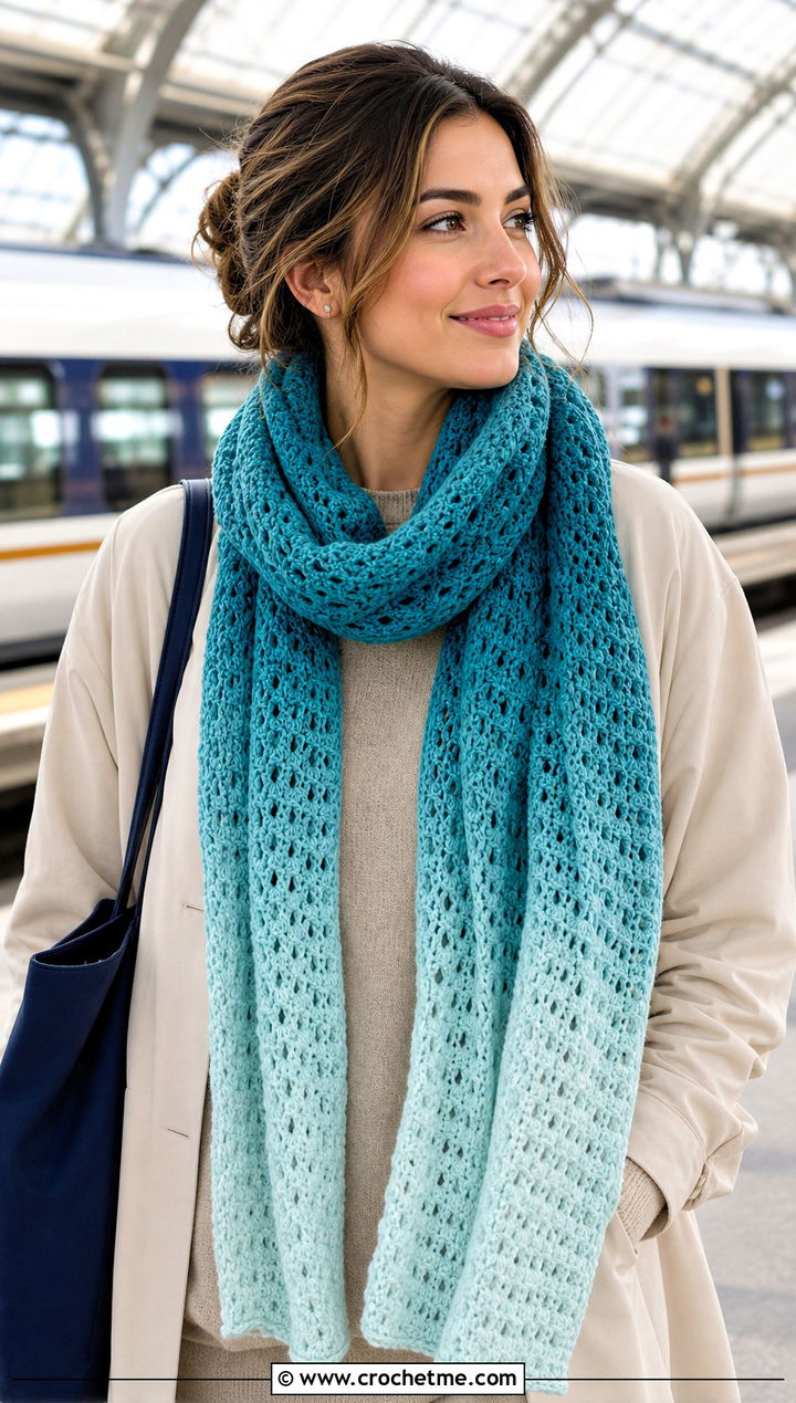 Ombre Crochet Scarf With Neutral Travel Outfit - 30 wanderlust crochet scarf outfit ideas
