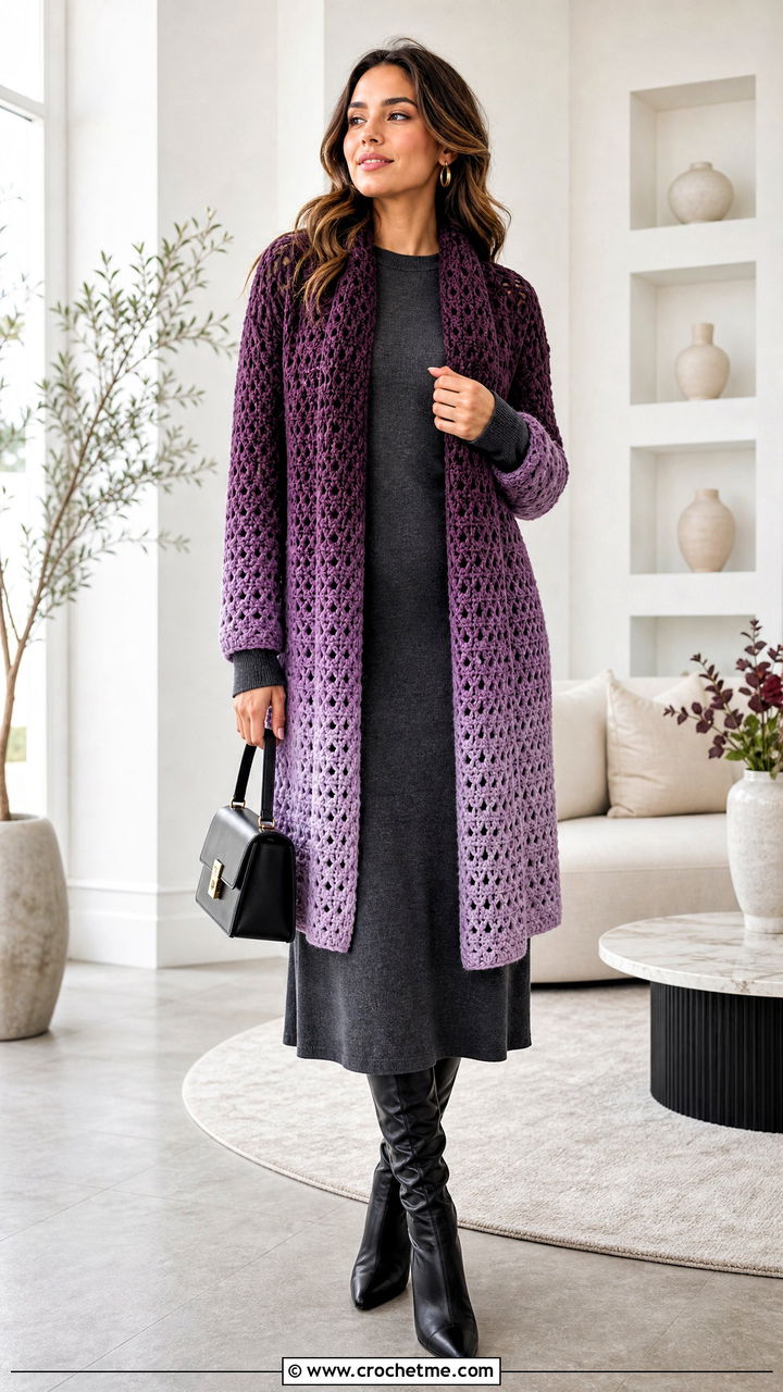 Ombre Crochet Scarf With Sleeves And Monochrome Knit Dress - 35 crochet scarf with sleeves outfit ideas