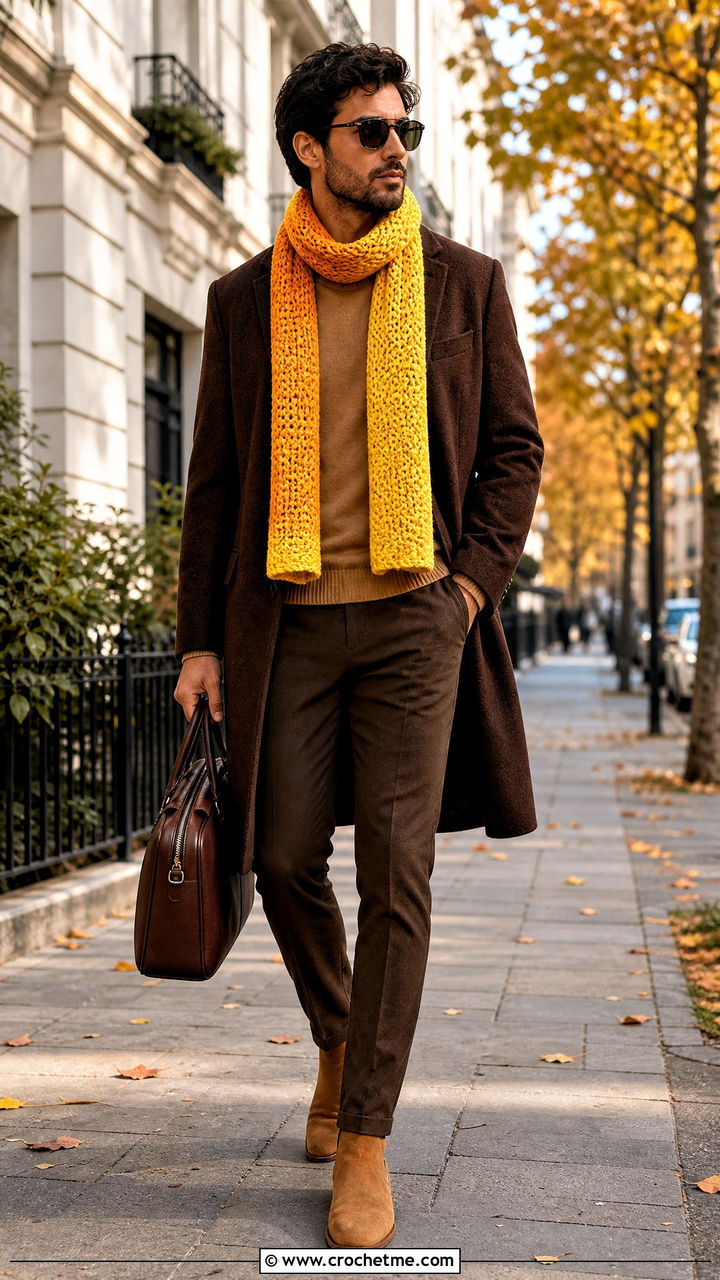 Ombre Crochet Scarf With Tonal Brown Outfit - 35 crochet scarf for men outfit ideas