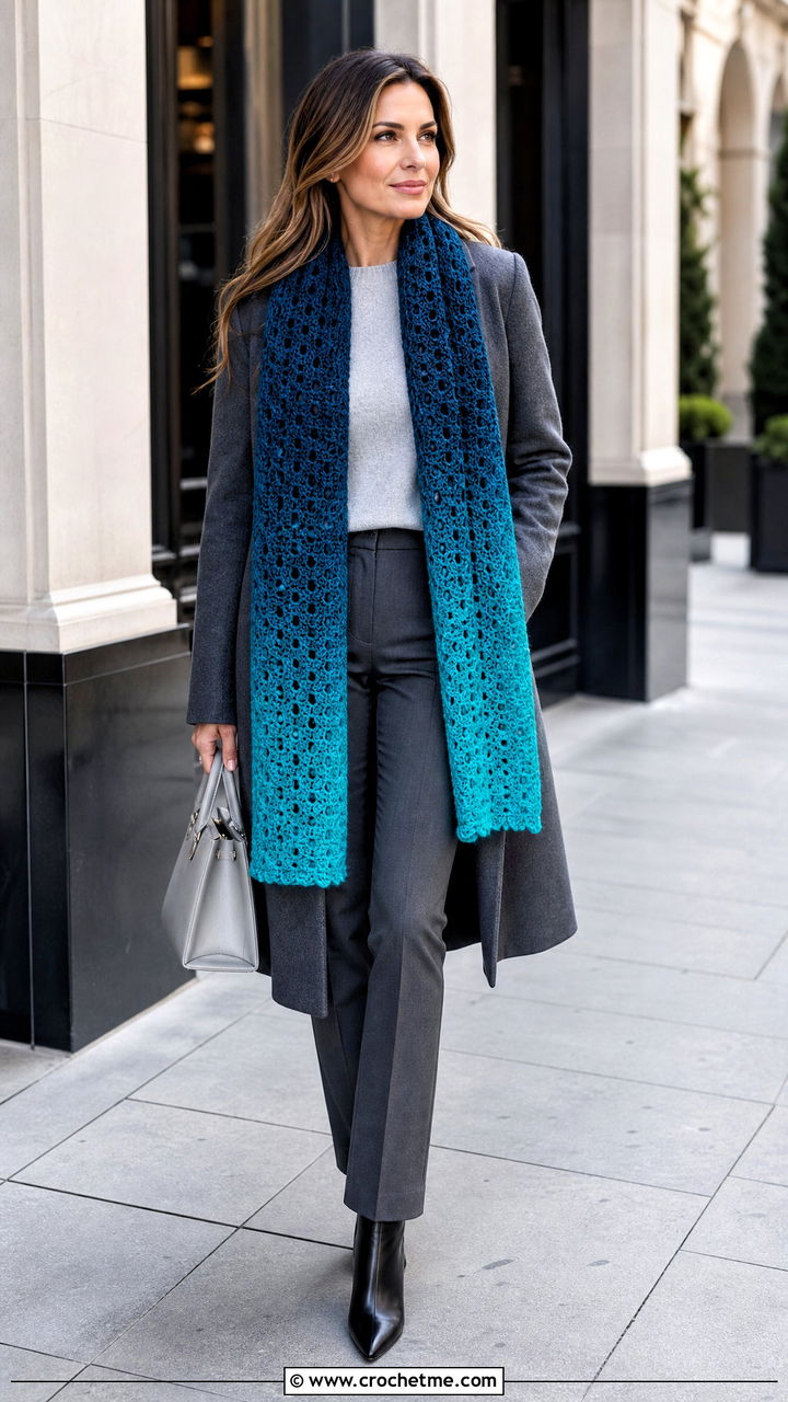 Ombre Crochet Scarf With Tonal Coat And Trousers - 35 beginner crochet scarf outfit ideas