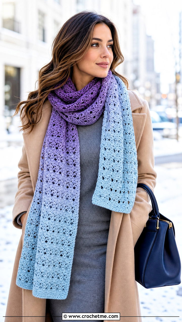 Ombre Crochet Scarf With Wrap Coat And Knit Dress - 35 fun crochet scarf outfit ideas