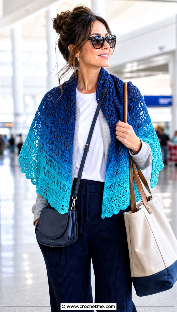 Ombre Crochet Semi Circle Shawl With Airport Outfit - 25 Crochet Semi Circle Shawl outfit ideas