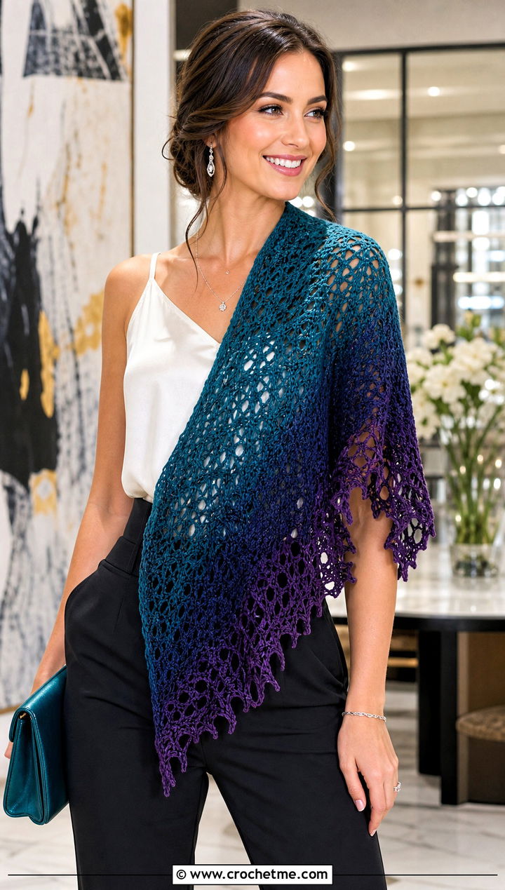 Ombre Crochet Shawl Scarf With Satin Blouse - 25 Ombre Crochet Scarf outfit ideas