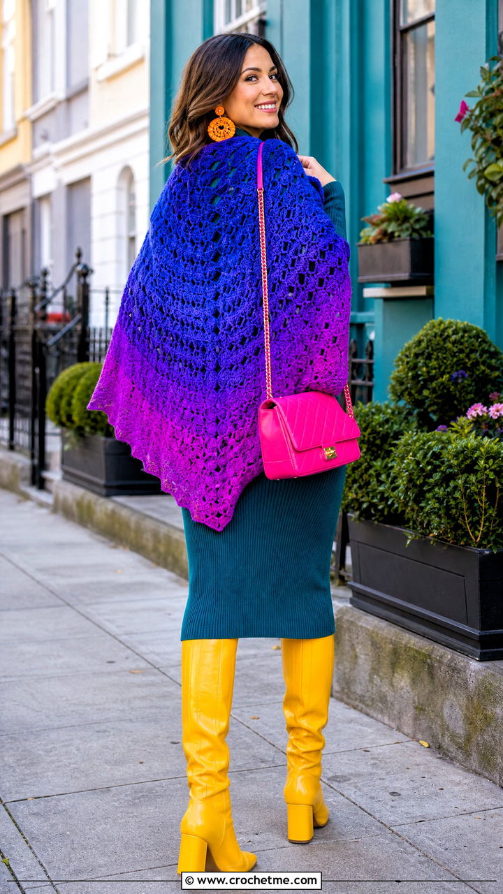 Ombre Crochet Shawl With A Knit Dress And Boots - 35 crochet shawl outfit ideas