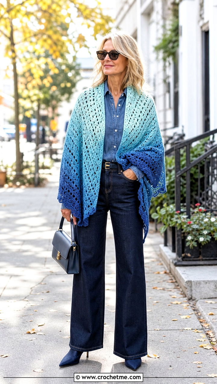 Ombre Crochet Shawl With All Denim Outfit - 30 crochet shawl wraps outfit ideas