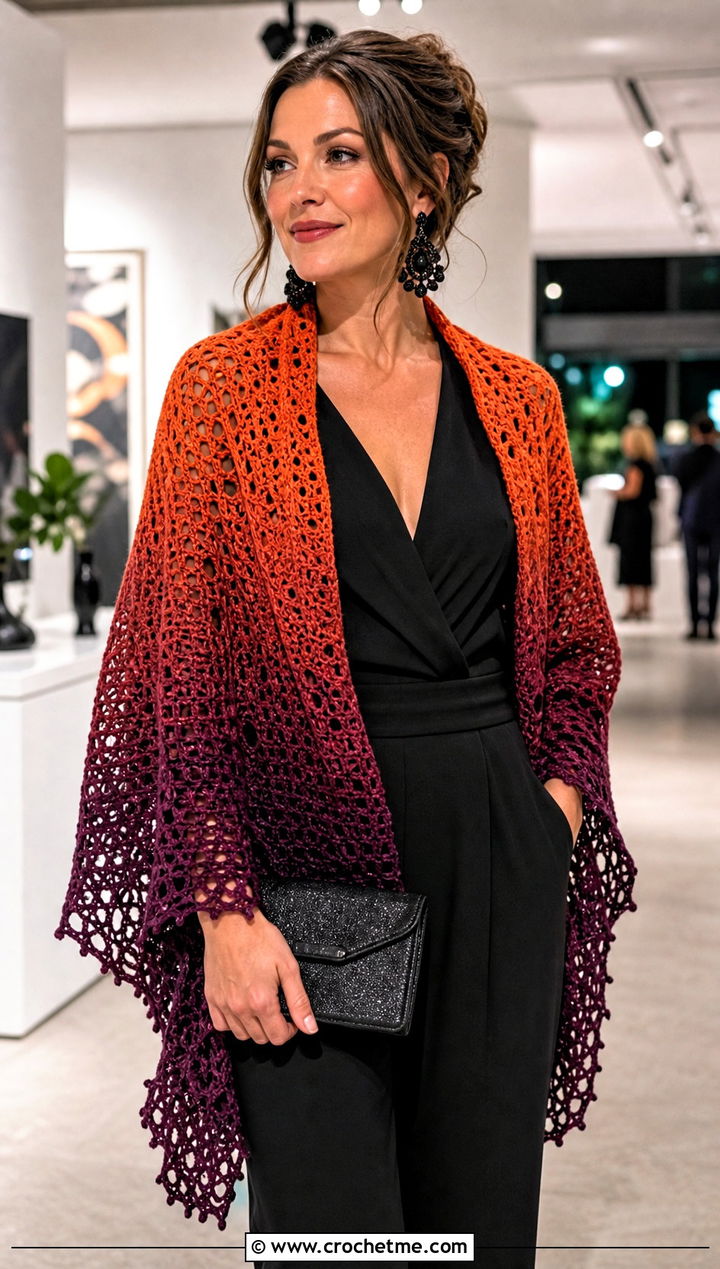 Ombre Crochet Shawl With Black Jumpsuit - 25 Crochet For Shawl outfit ideas