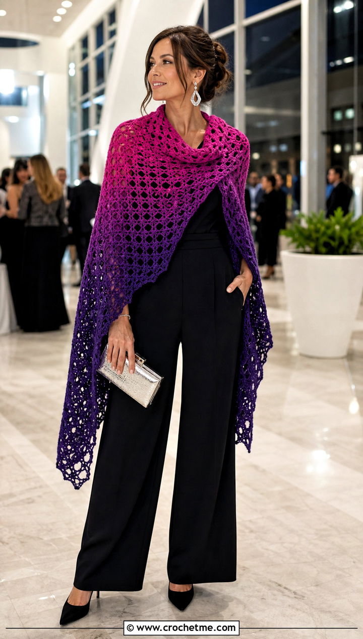 Ombre Crochet Shawl With Black Jumpsuit - 30 crochet shawl wrap outfit ideas