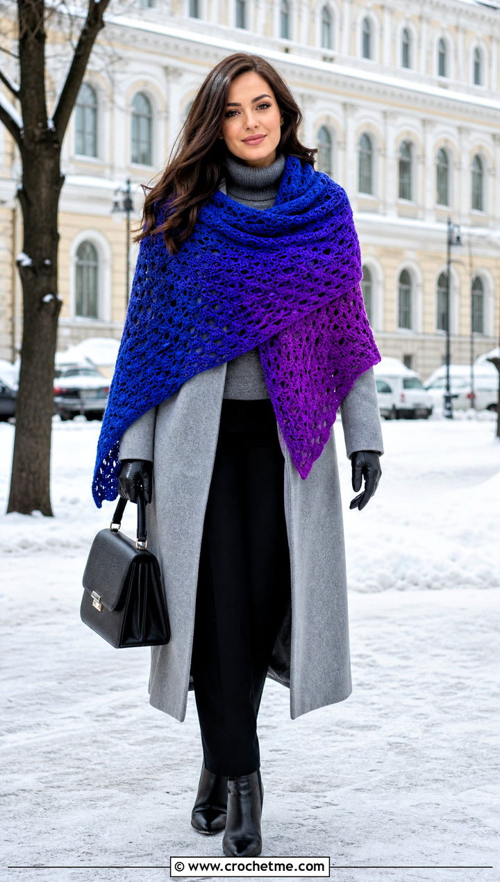 Ombre Crochet Shawl With Coat And Boots - 25 crochet for shawls outfit ideas