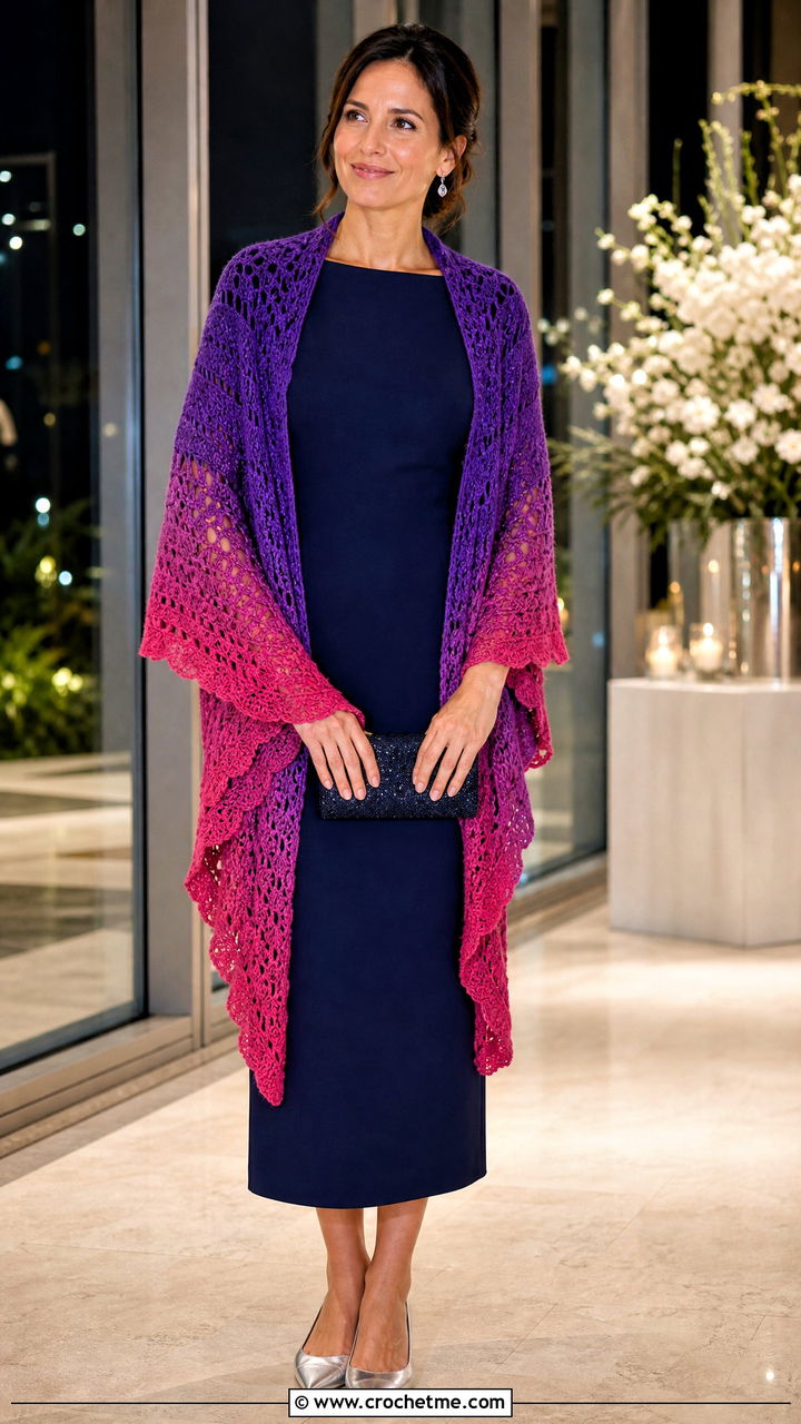 Ombre Crochet Shawl With Column Dress - 35 easy simple crochet shawl outfit ideas
