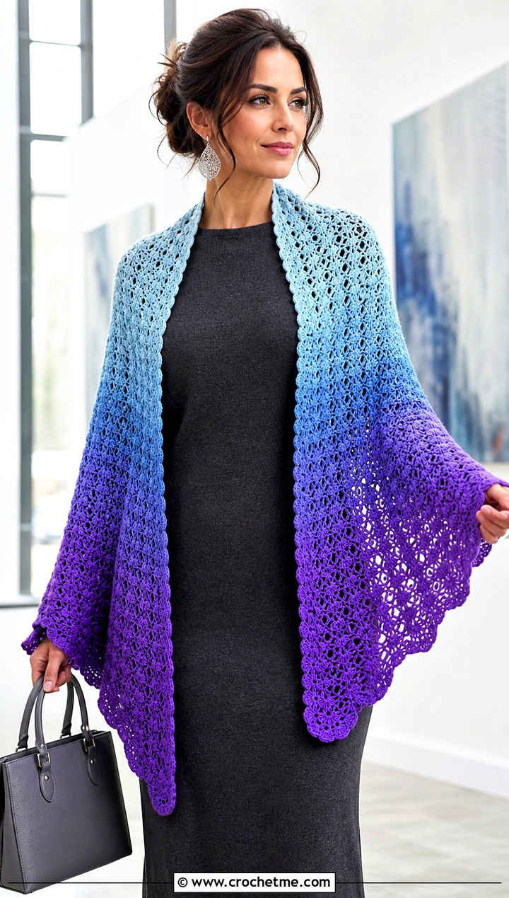 Ombre Crochet Shawl With Knit Column Dress - 20 Light Weight Crochet Shawl outfit ideas