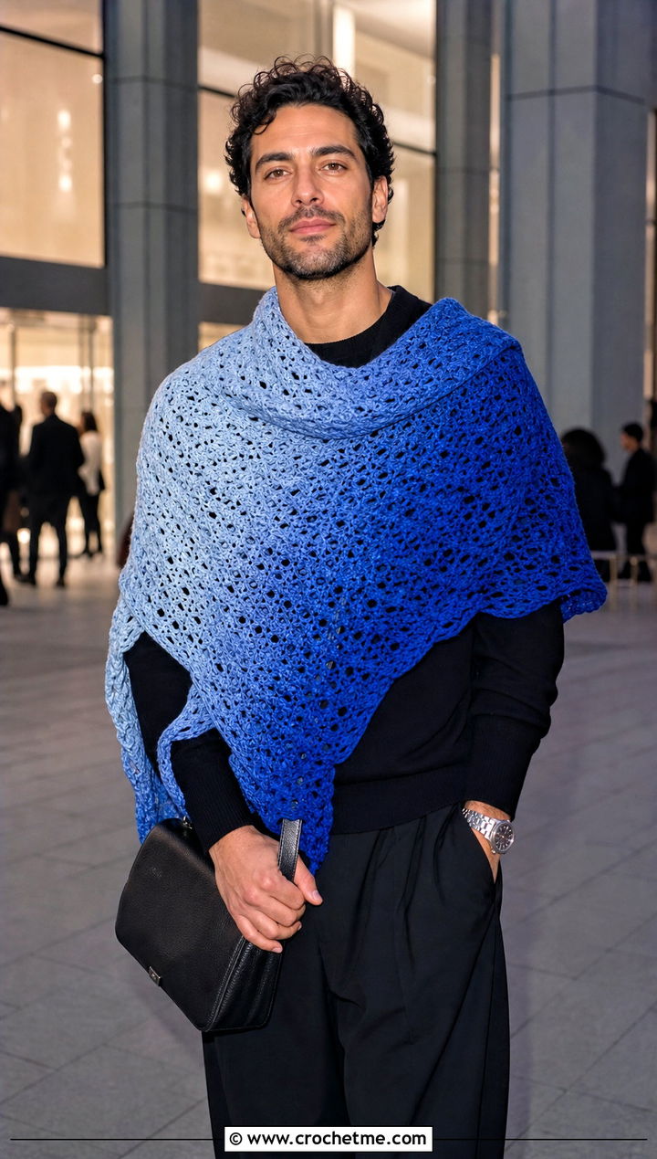 Ombre Crochet Shawl With Monochrome Outfit - 30 crochet shawl for men outfit ideas