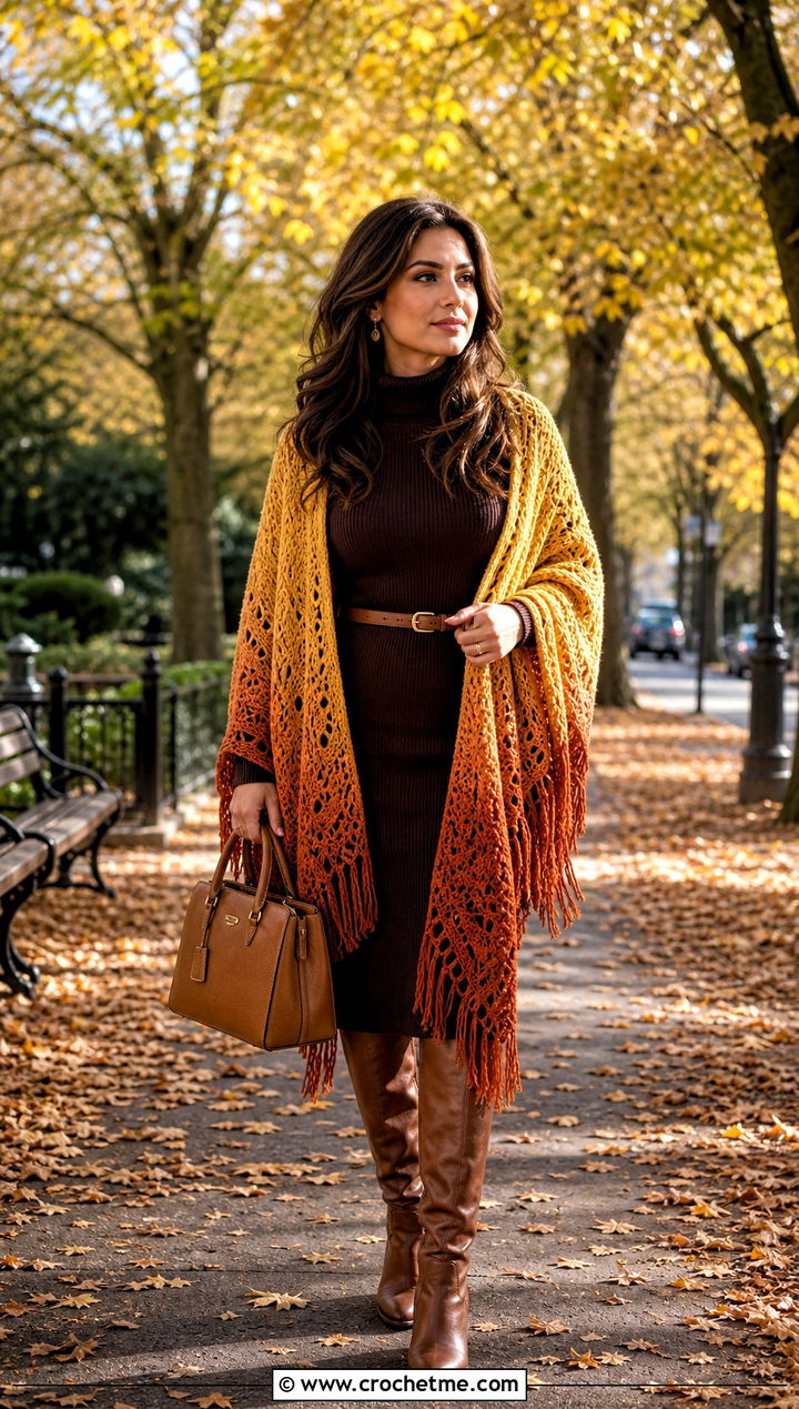 Ombre Crochet Shawl With Sweater Dress - 25 Stevie Nicks Crochet Shawl outfit ideas