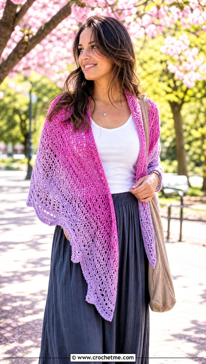 Ombre Crochet Shawl With T Shirt And Maxi Skirt - 25 Spring Crochet Shawl outfit ideas