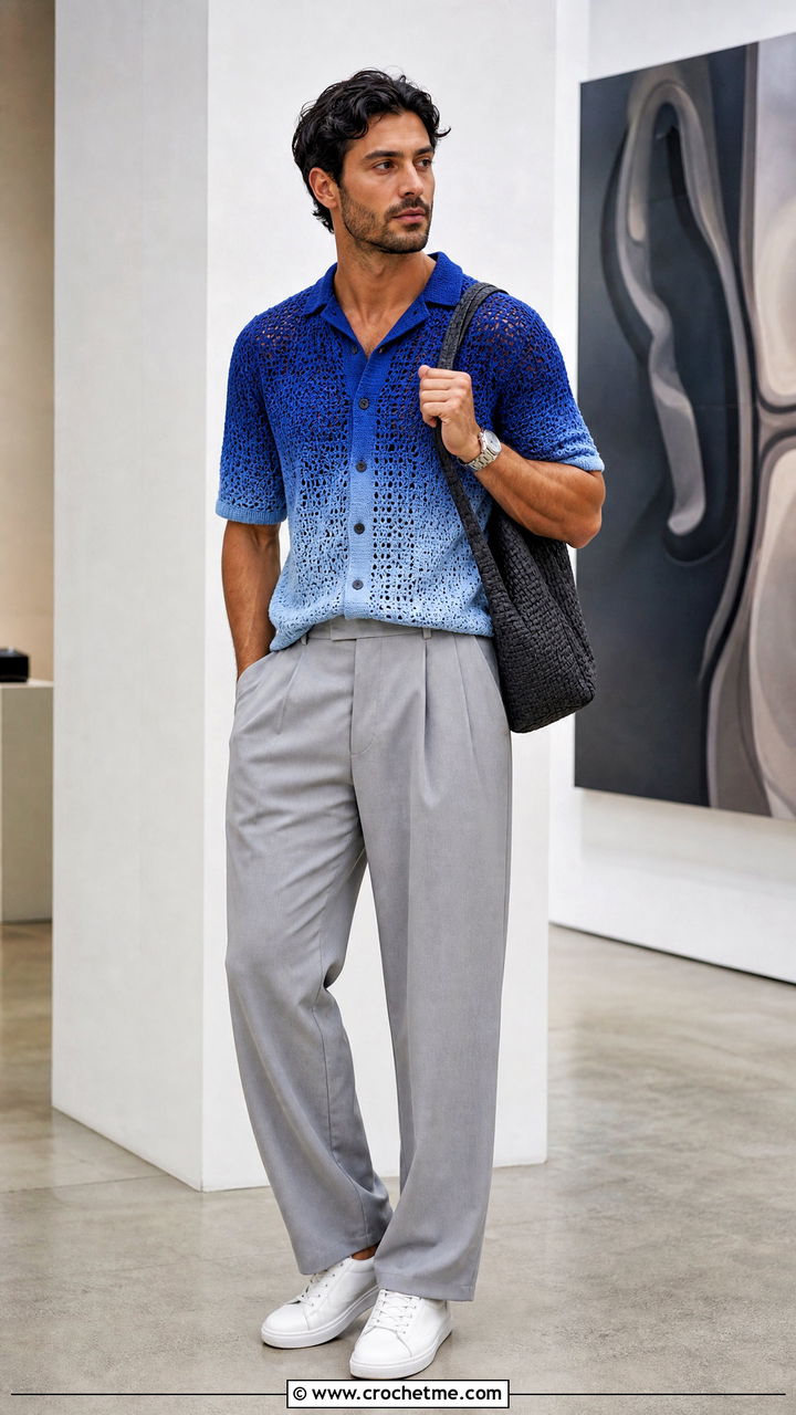 Ombre Crochet Shirt With Gray Pleated Pants - 35 crochet shirts for men outfit ideas