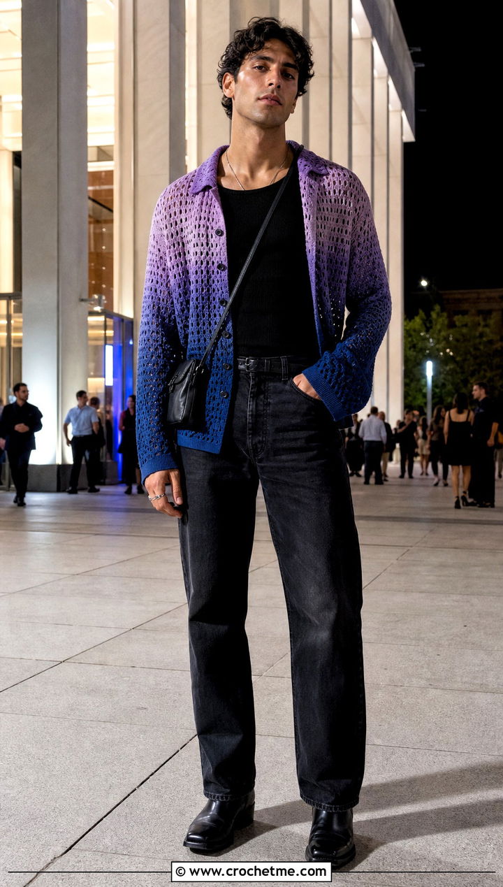 Ombre Crochet Shirt With Washed Black Jeans - 35 crochet man shirt outfit ideas