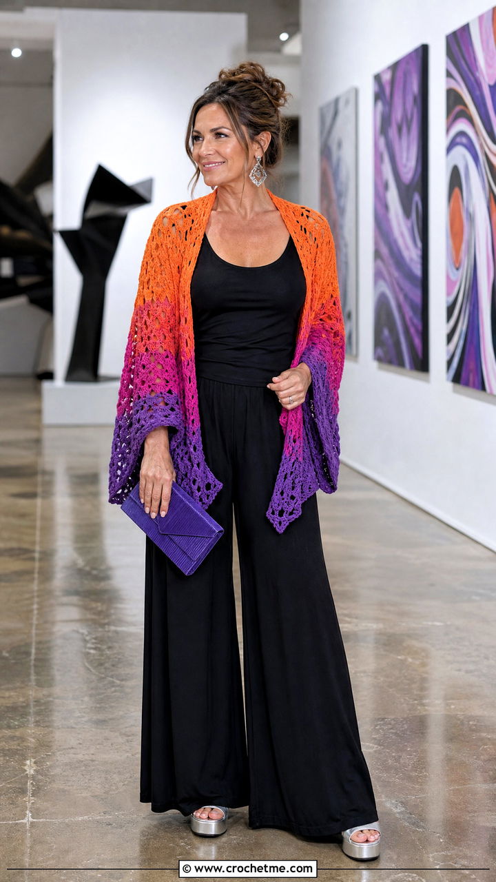 Ombre Crochet Shrug With Tank Top and Palazzo Pants - 35 crochet shrugs outfit ideas