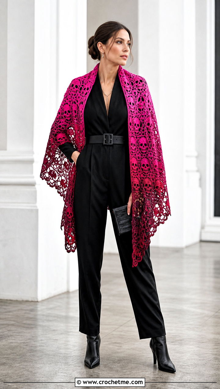 Ombre Crochet Skull Shawl With a Black Jumpsuit - 35 crochet skull shawl outfit ideas