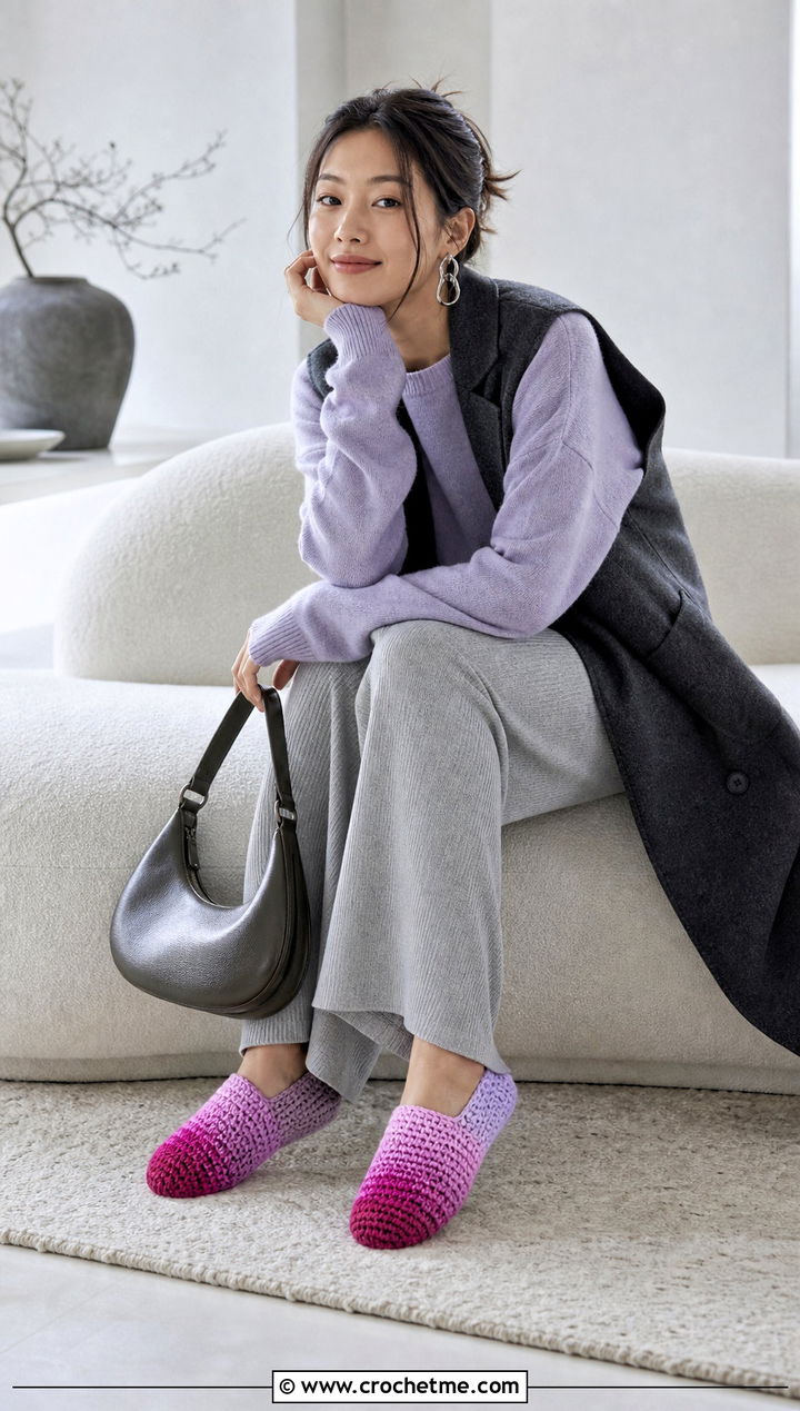 Ombre Crochet Slippers With A Tonal Knit Outfit - 35 easy crochet slippers outfit ideas