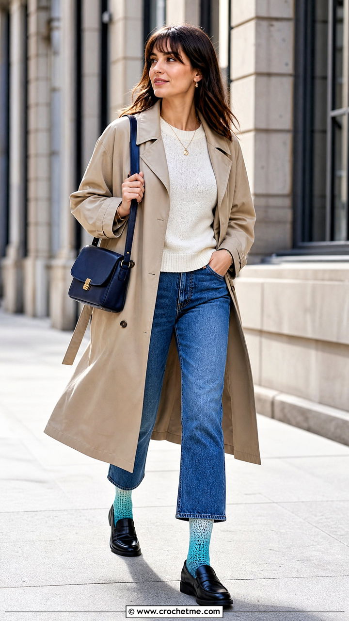 Ombre Crochet Socks With Trench Coat And Cropped Jeans - 35 crochet socks outfit ideas