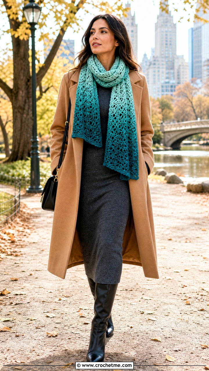 Ombre Crochet Sophie Scarf With Knit Dress And Boots - 35 crochet sophie scarf outfit ideas